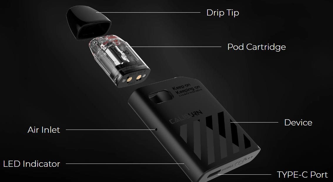 image showing Caliburn AK2 device, pod cartridge and drip tip